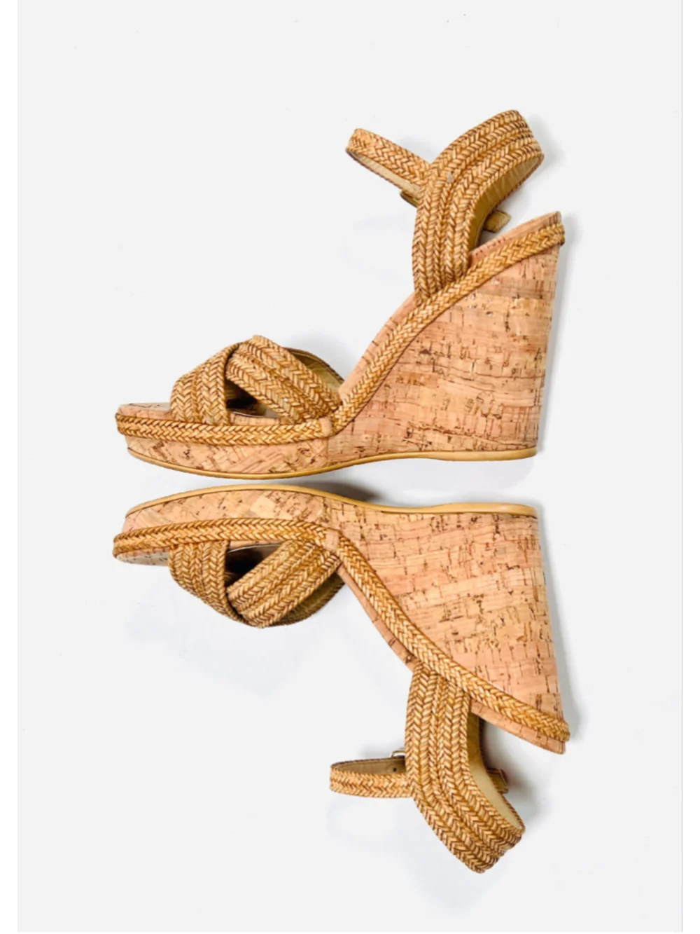 Stuart Weitzman Womans Wedge Cork Sandals Size 8.5 Beige Tan